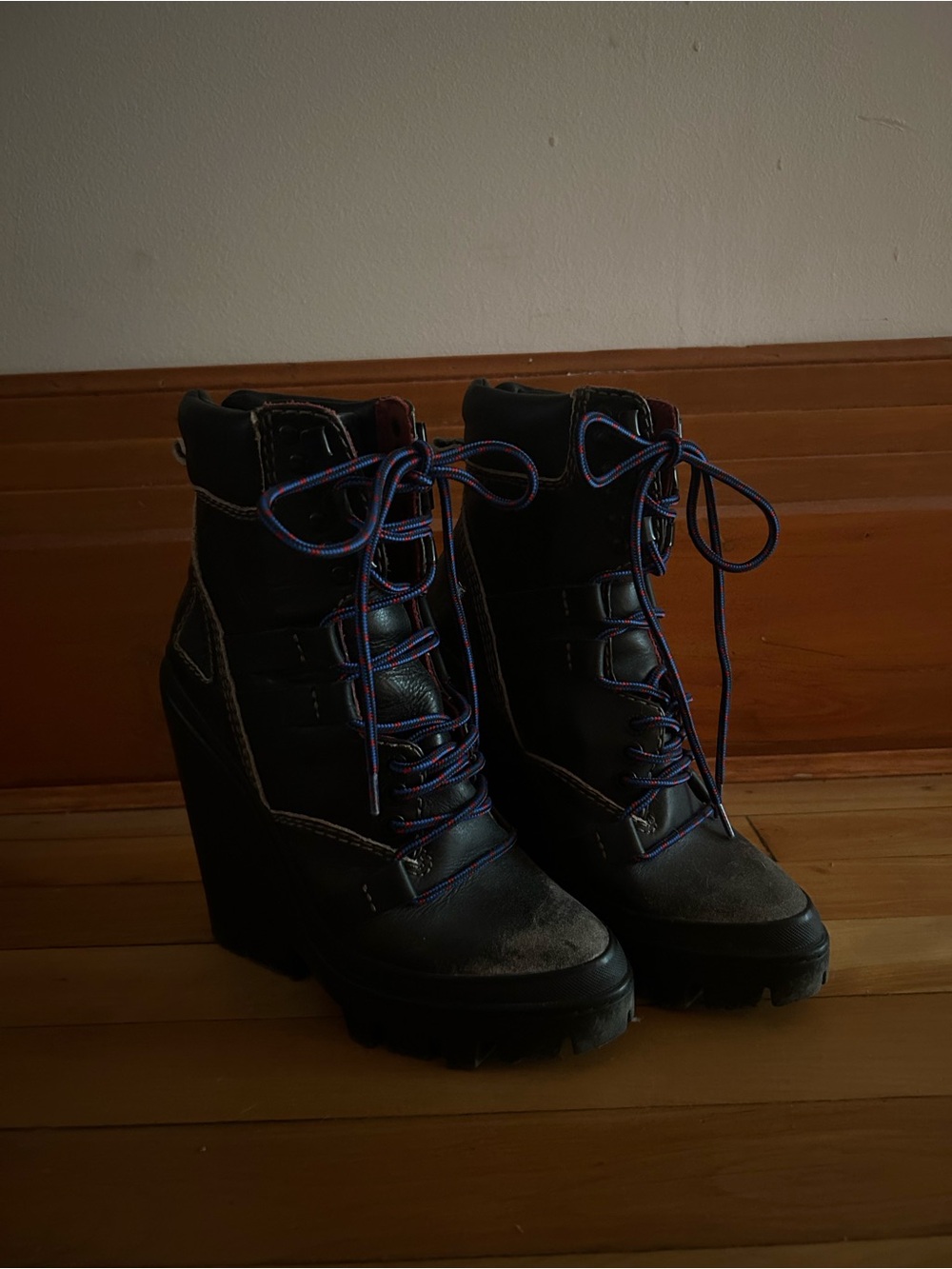 Diesel Black Lace-Up Wedge Ankle Boots with Blue Accents